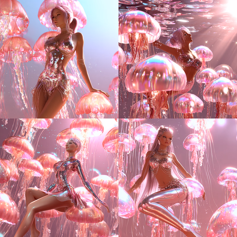 a mermaid swimming with a school of colorful jellyfish with tendrils, underwater photo