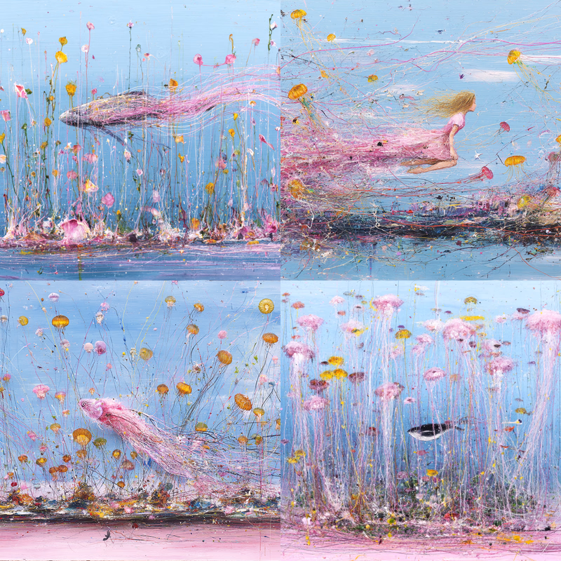a mermaid swimming with a school of colorful jellyfish with tendrils, underwater photo