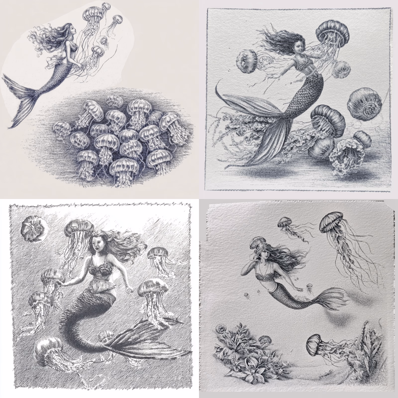 a mermaid swimming with a school of colorful jellyfish with tendrils, underwater photo