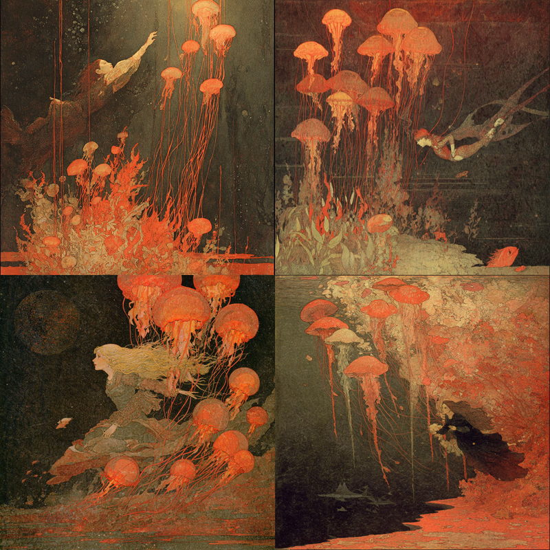 a mermaid swimming with a school of colorful jellyfish with tendrils, underwater photo