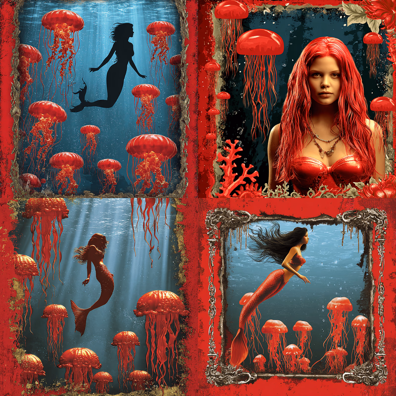 a mermaid swimming with a school of colorful jellyfish with tendrils, underwater photo