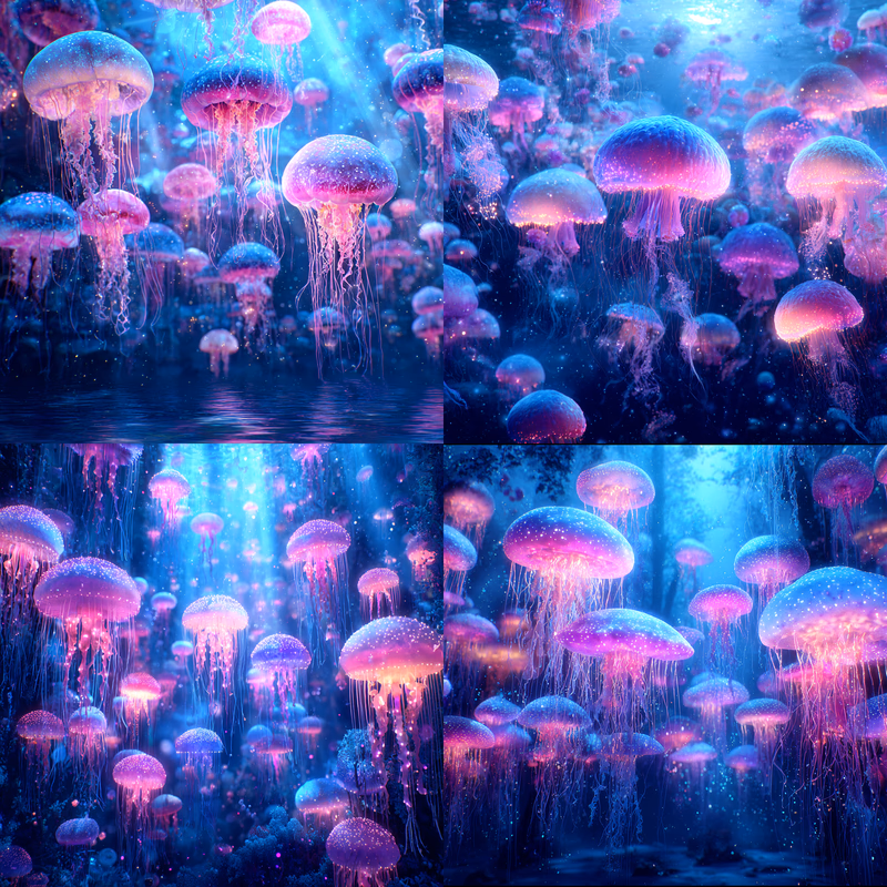 glowing underwater photo of a school of colorful jellyfish with tendrils
