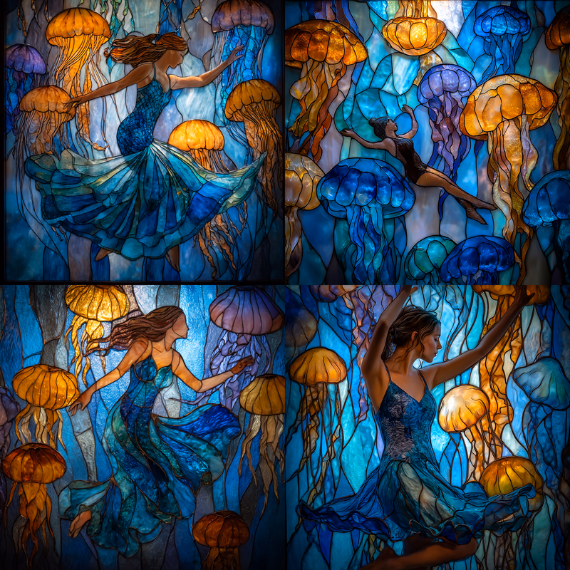 a mermaid swimming with a school of colorful jellyfish with tendrils, underwater photo