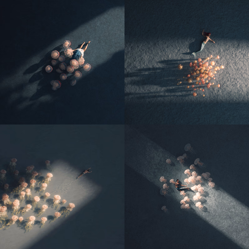a mermaid swimming with a school of colorful jellyfish with tendrils, underwater photo