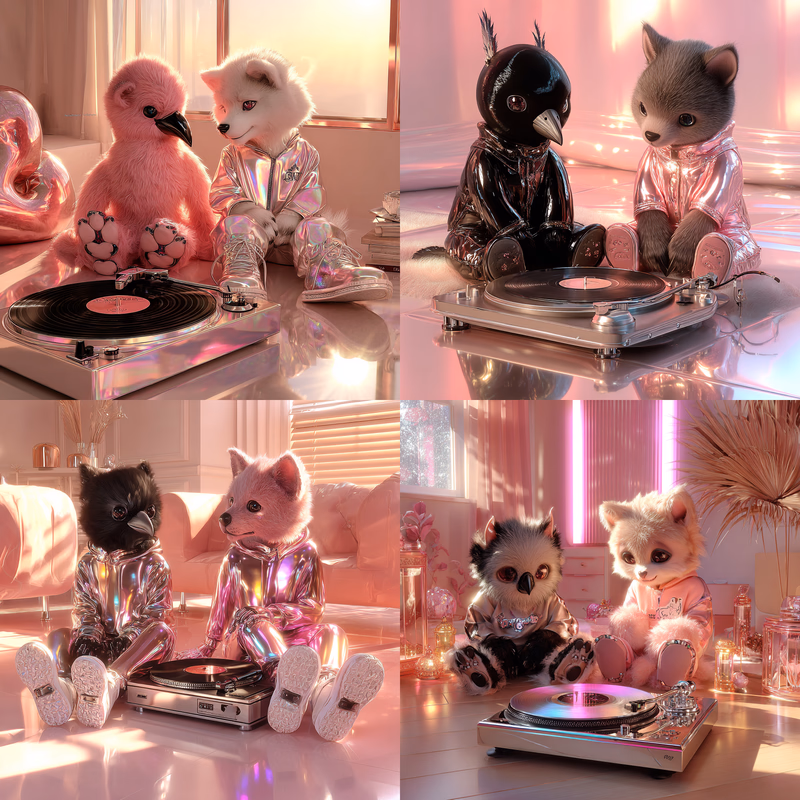 a photo of cute little friends; a crow guy and a wolf guy, sitting on the floor, with their legs out in front of them, with a turntable playing a record between them