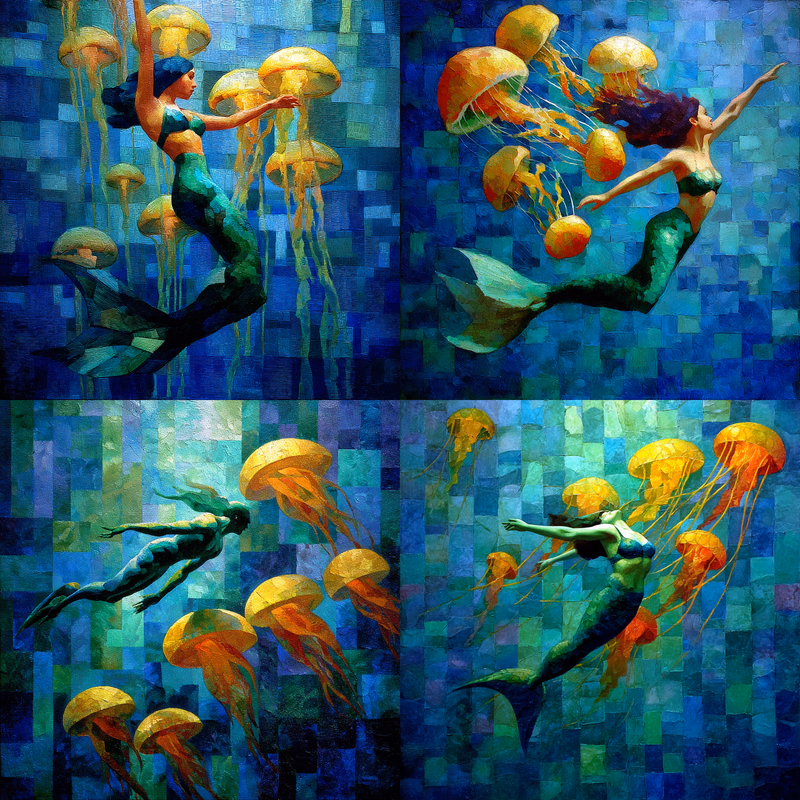 a mermaid swimming with a school of colorful jellyfish with tendrils, underwater photo