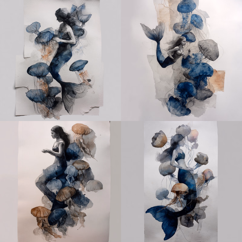 a mermaid swimming with a school of colorful jellyfish with tendrils, underwater photo