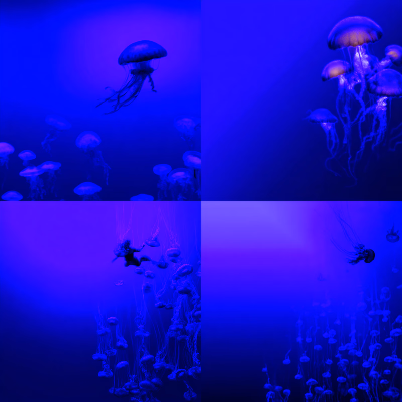 a mermaid swimming with a school of colorful jellyfish with tendrils, underwater photo