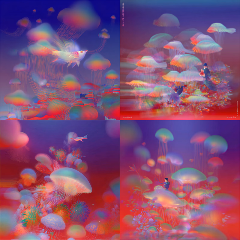 a mermaid swimming with a school of colorful jellyfish with tendrils, underwater photo